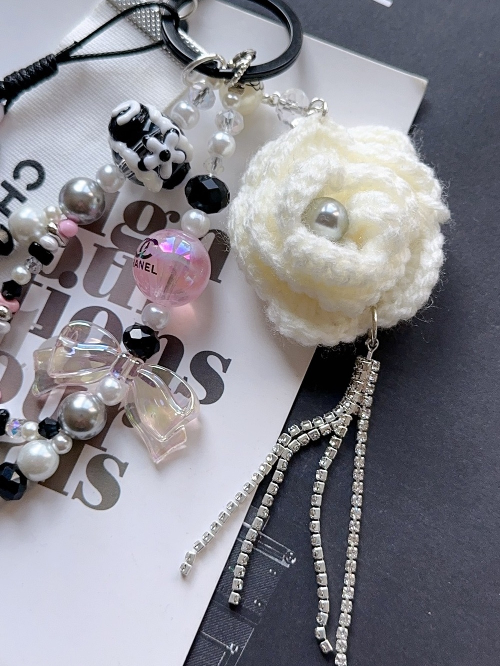 CC Ribbon with Unbranded Pink & White Beaded Keychain Charm & Crochet camellia - Picture 2 of 4